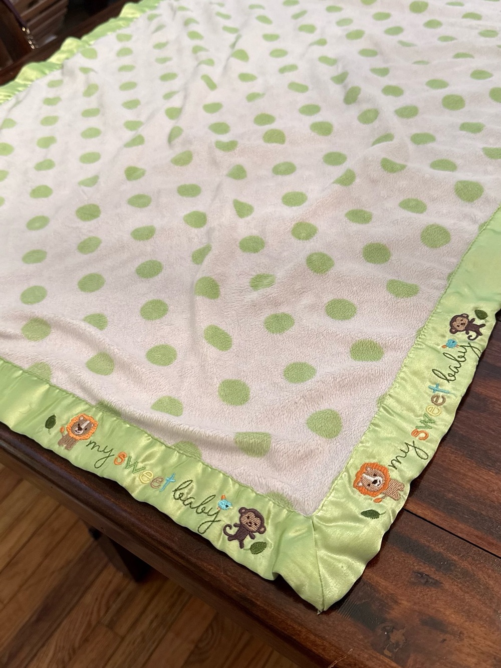 Carter's Green Polka Dot Satin-Trim Baby Blanket with Jungle Embroidery
